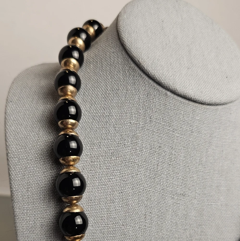 [J. CREW] Black & Gold ○● Beaded Statement Necklace with Cloth Tie
